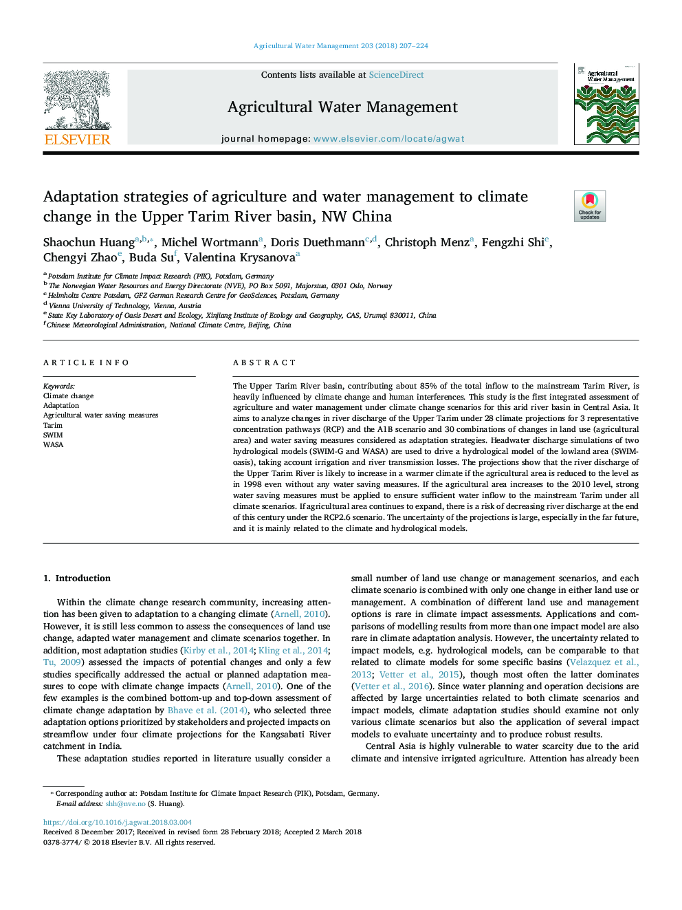 Adaptation strategies of agriculture and water management to climate change in the Upper Tarim River basin, NW China