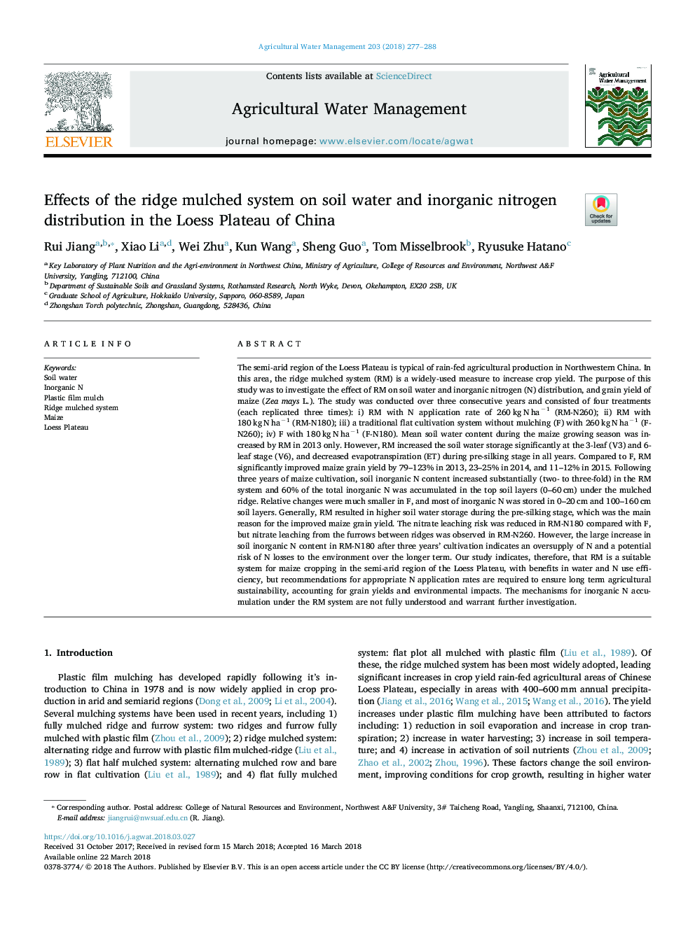 اثرات سیستم آبشویی بر روی آب خاک و توزیع نیتروژن غیر آلی در ورقه لس در چین 