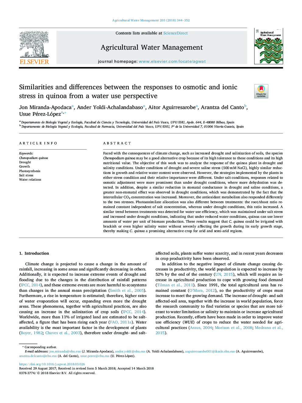 Similarities and differences between the responses to osmotic and ionic stress in quinoa from a water use perspective