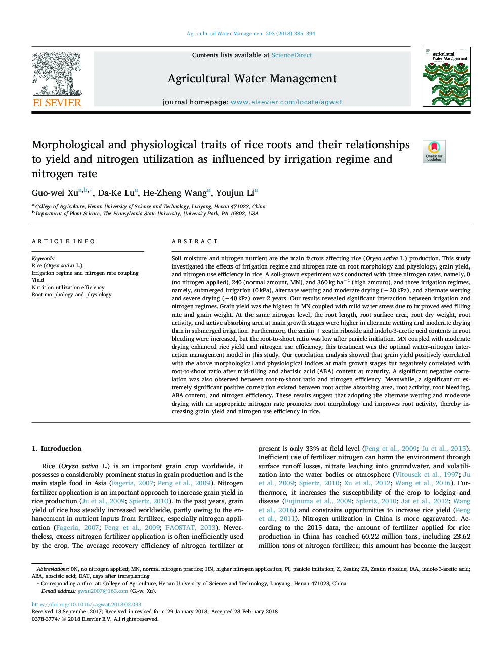 Morphological and physiological traits of rice roots and their relationships to yield and nitrogen utilization as influenced by irrigation regime and nitrogen rate