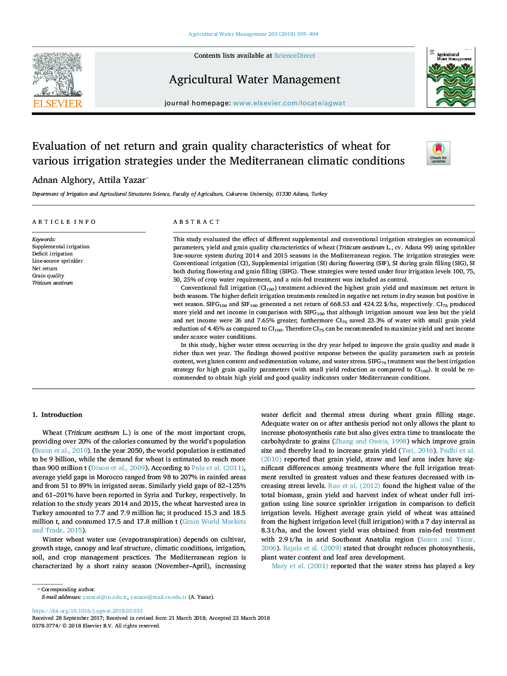 Evaluation of net return and grain quality characteristics of wheat for various irrigation strategies under the Mediterranean climatic conditions