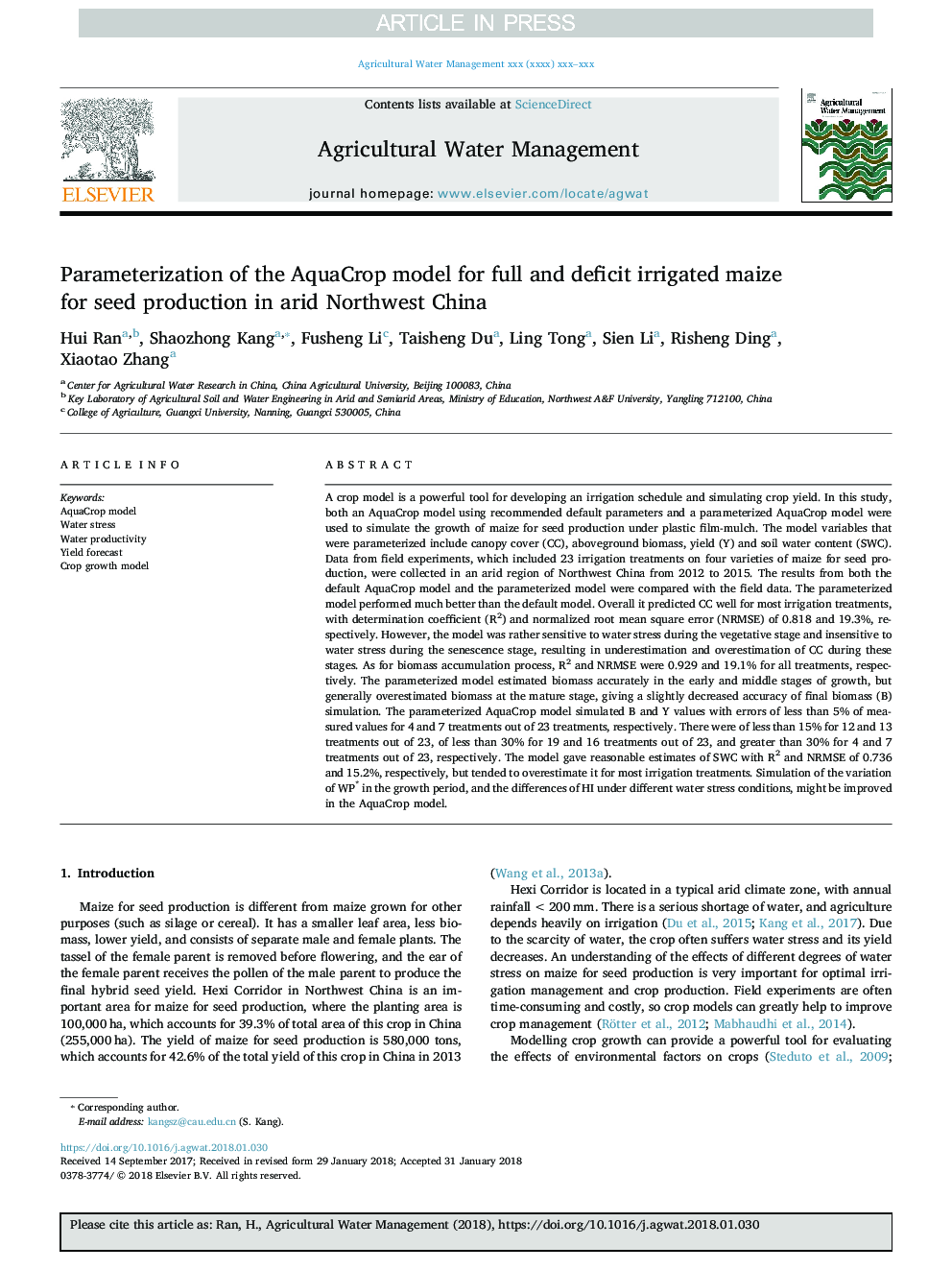 Parameterization of the AquaCrop model for full and deficit irrigated maize for seed production in arid Northwest China