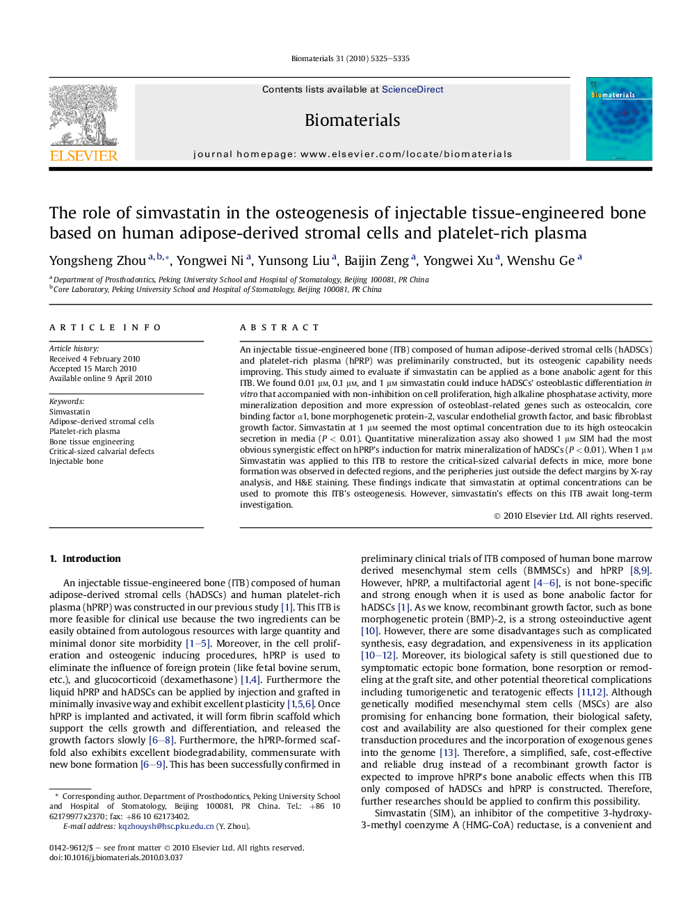 The role of simvastatin in the osteogenesis of injectable tissue-engineered bone based on human adipose-derived stromal cells and platelet-rich plasma