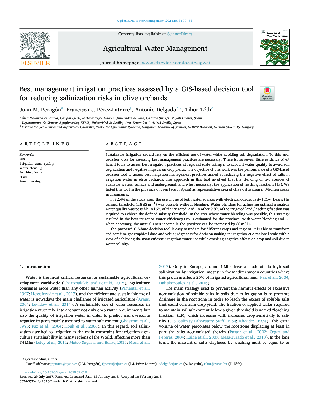 Best management irrigation practices assessed by a GIS-based decision tool for reducing salinization risks in olive orchards