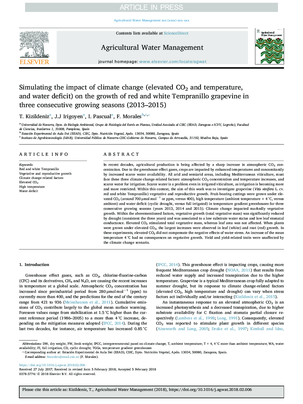 Simulating the impact of climate change (elevated CO2 and temperature, and water deficit) on the growth of red and white Tempranillo grapevine in three consecutive growing seasons (2013-2015)