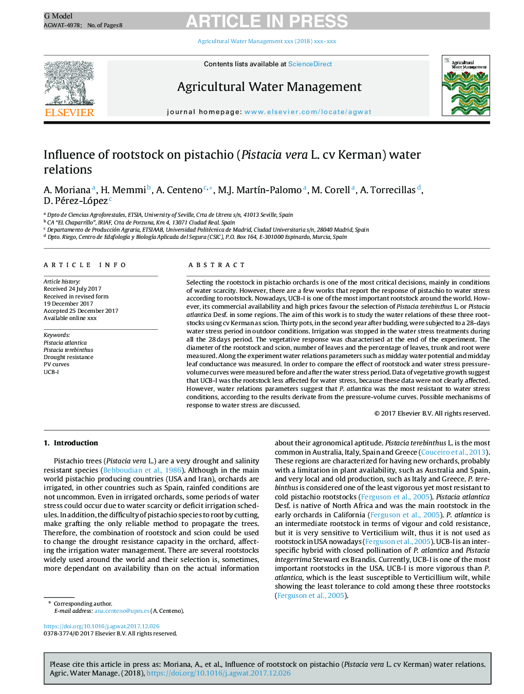 Influence of rootstock on pistachio (Pistacia vera L. cv Kerman) water relations