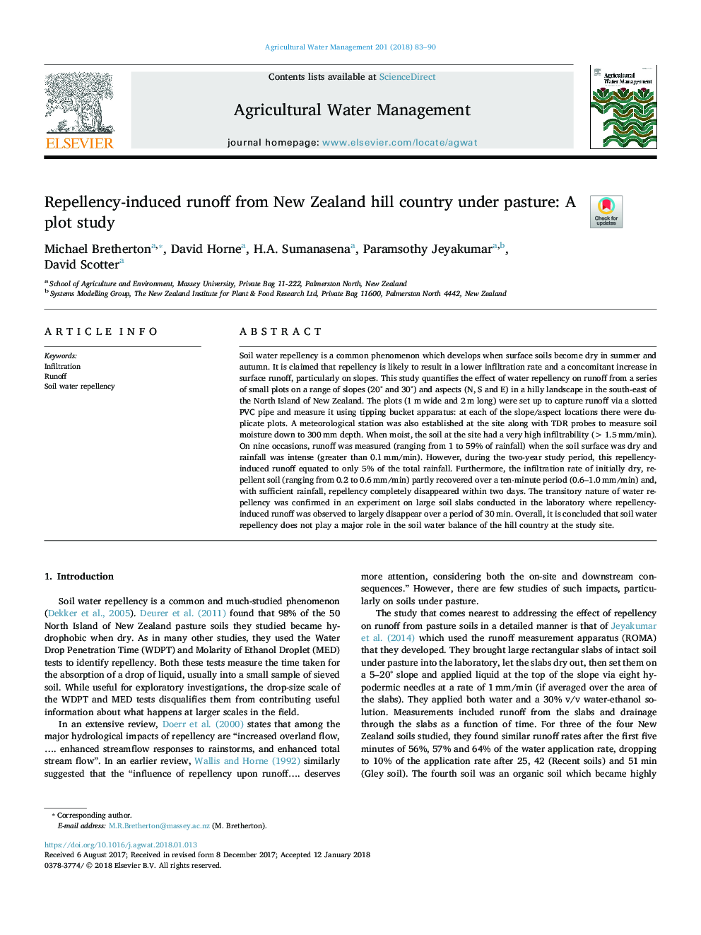 Repellency-induced runoff from New Zealand hill country under pasture: A plot study