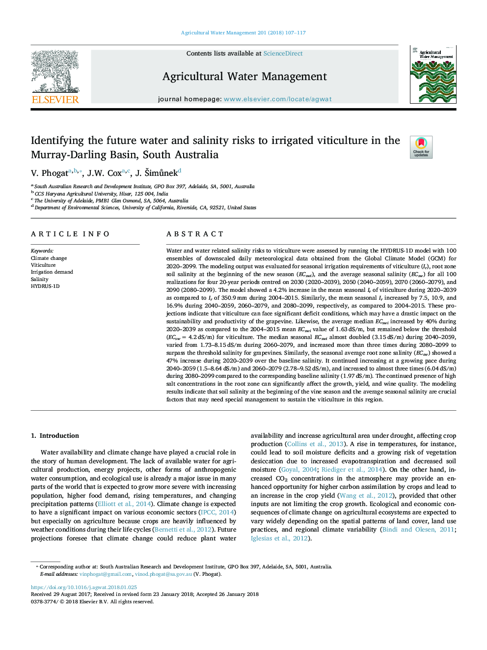 Identifying the future water and salinity risks to irrigated viticulture in the Murray-Darling Basin, South Australia