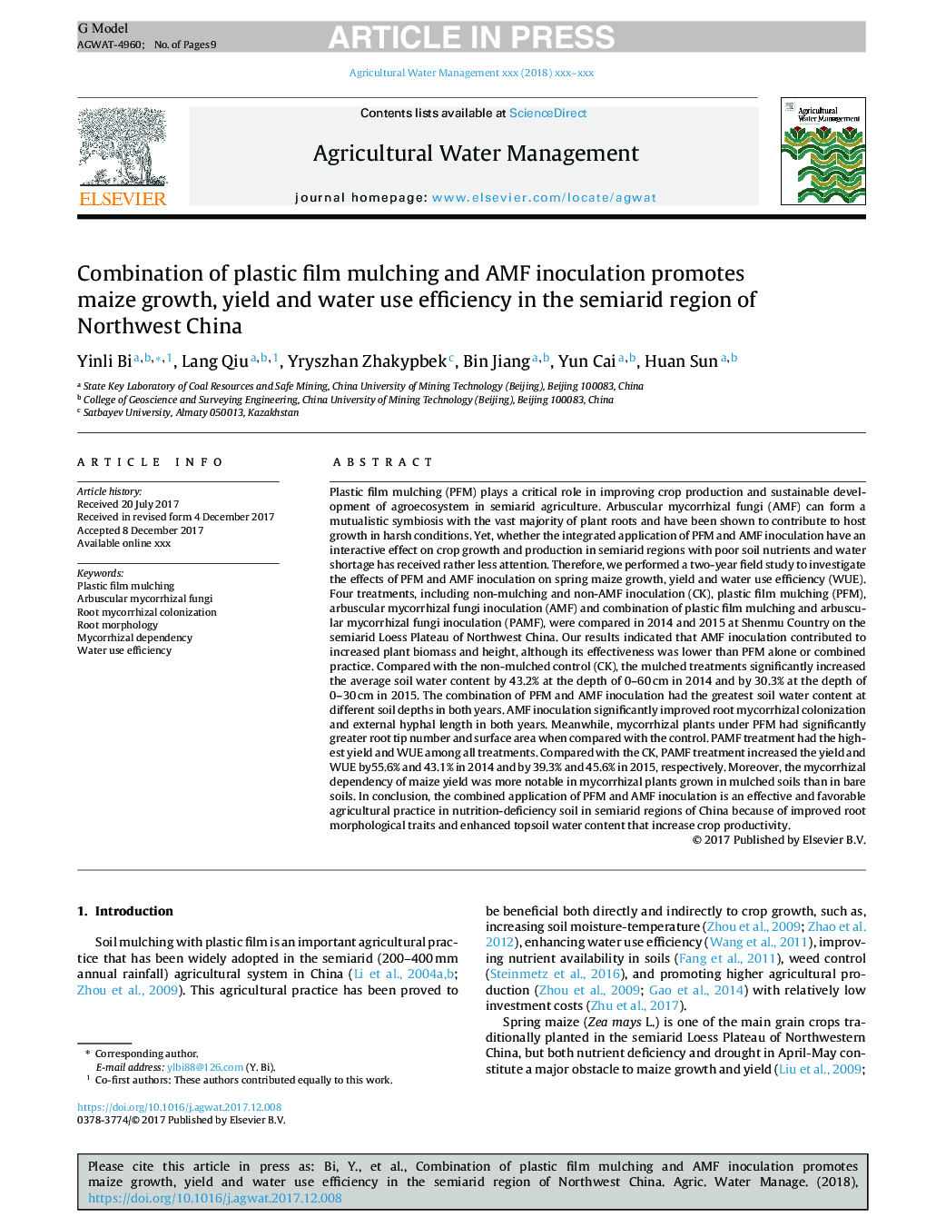 Combination of plastic film mulching and AMF inoculation promotes maize growth, yield and water use efficiency in the semiarid region of Northwest China