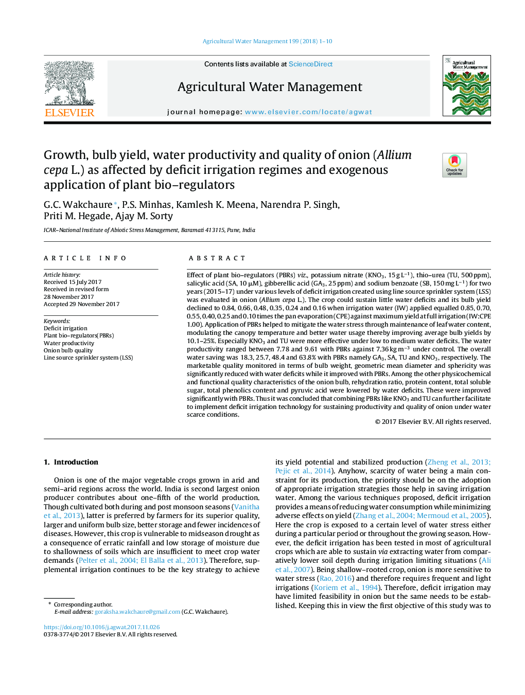 Growth, bulb yield, water productivity and quality of onion (Allium cepa L.) as affected by deficit irrigation regimes and exogenous application of plant bio-regulators