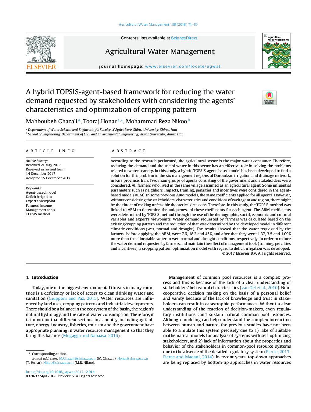 A hybrid TOPSIS-agent-based framework for reducing the water demand requested by stakeholders with considering the agents' characteristics and optimization of cropping pattern