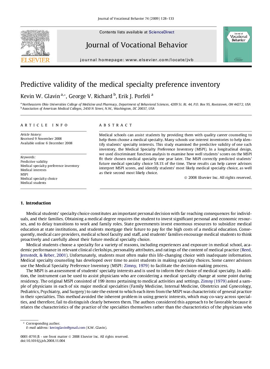 Predictive validity of the medical specialty preference inventory