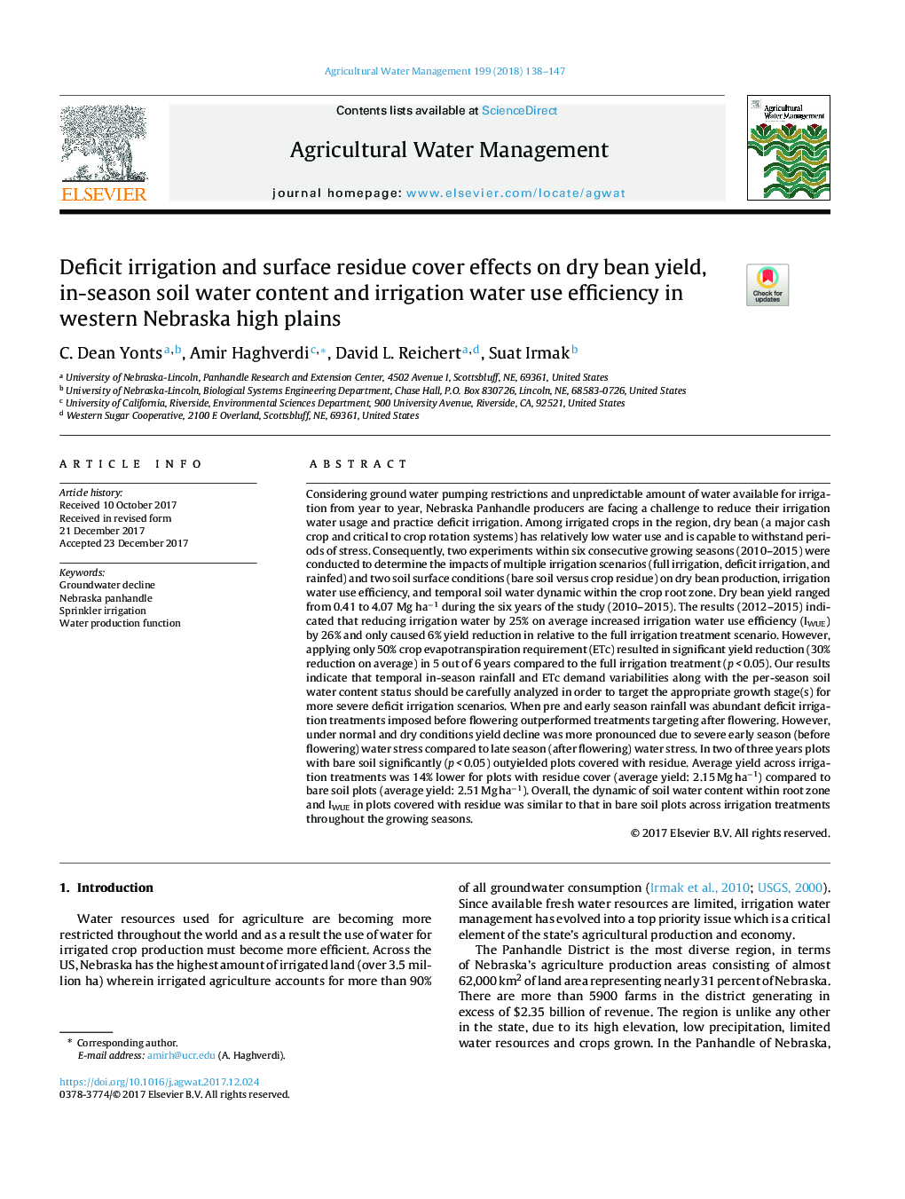 Deficit irrigation and surface residue cover effects on dry bean yield, in-season soil water content and irrigation water use efficiency in western Nebraska high plains