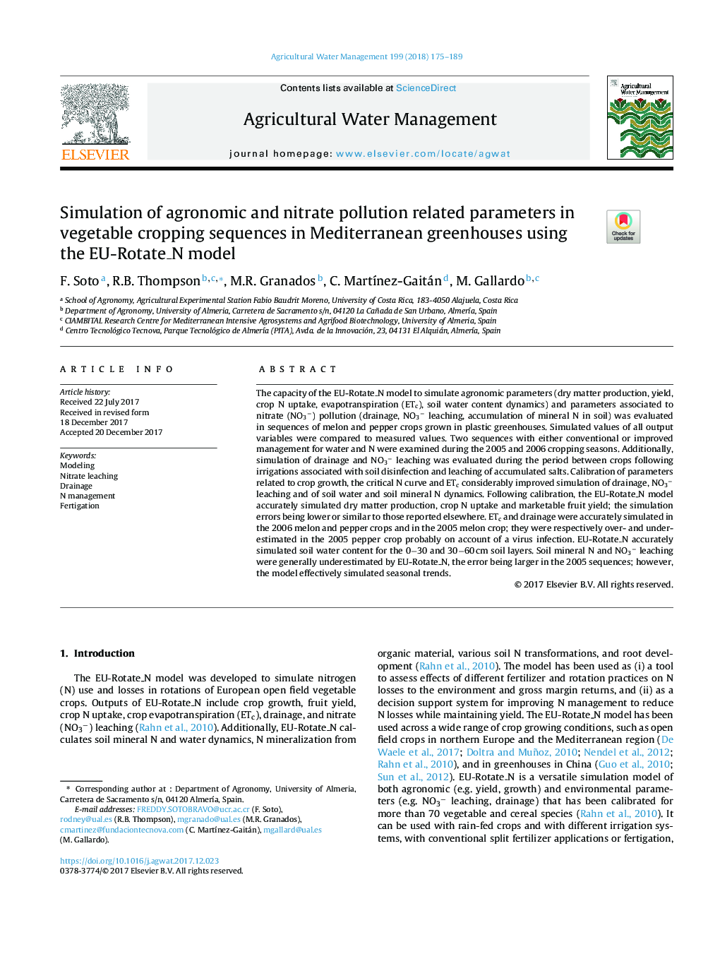 Simulation of agronomic and nitrate pollution related parameters in vegetable cropping sequences in Mediterranean greenhouses using the EU-Rotate_N model