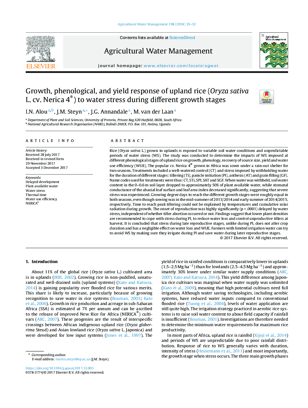 Growth, phenological, and yield response of upland rice (Oryza sativa L. cv. Nerica 4®) to water stress during different growth stages