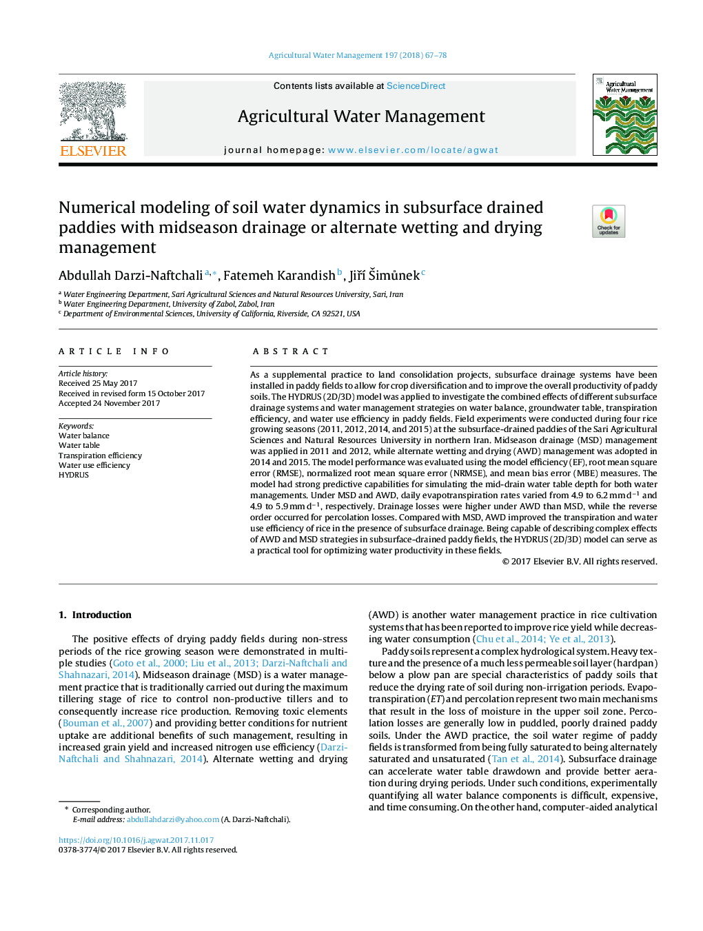 Numerical modeling of soil water dynamics in subsurface drained paddies with midseason drainage or alternate wetting and drying management