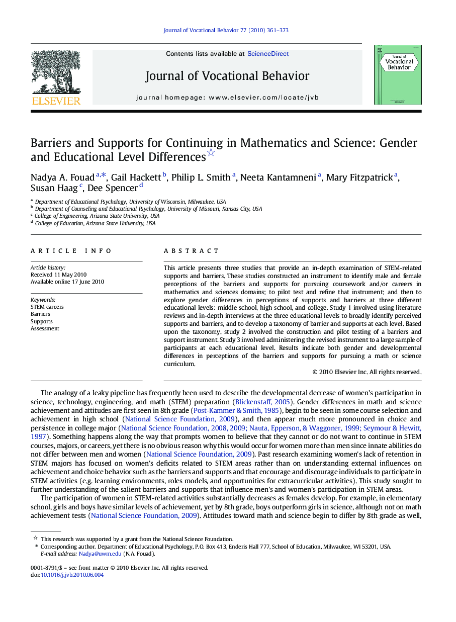 Barriers and Supports for Continuing in Mathematics and Science: Gender and Educational Level Differences 