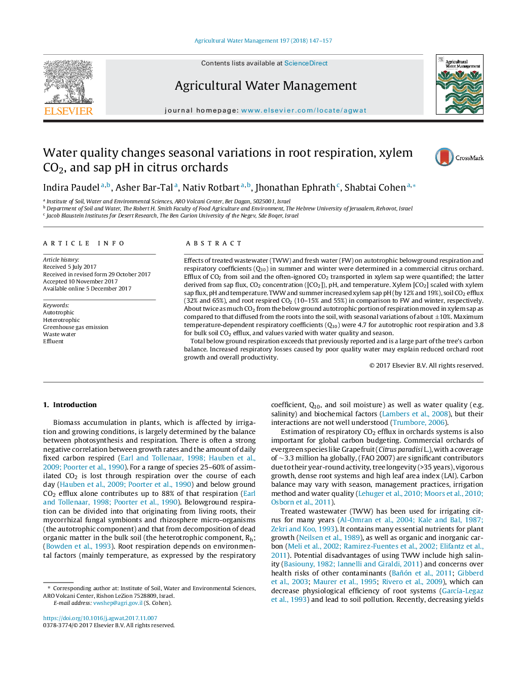 Water quality changes seasonal variations in root respiration, xylem CO2, and sap pH in citrus orchards