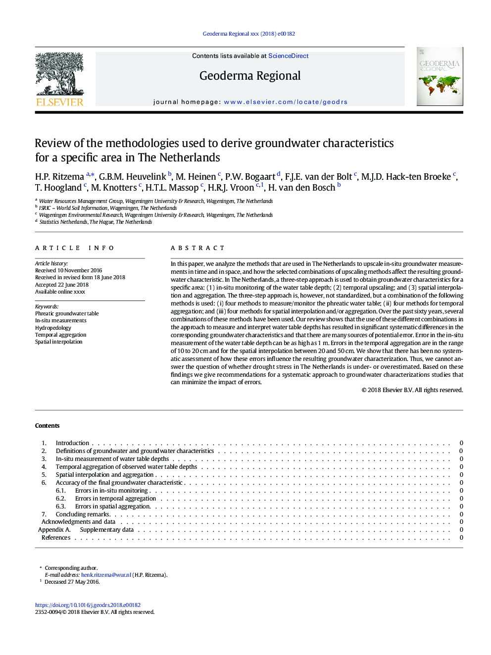 Review of the methodologies used to derive groundwater characteristics for a specific area in The Netherlands