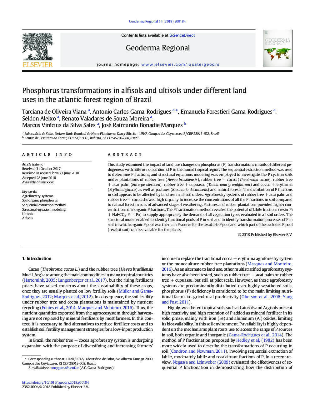 Phosphorus transformations in alfisols and ultisols under different land uses in the atlantic forest region of Brazil