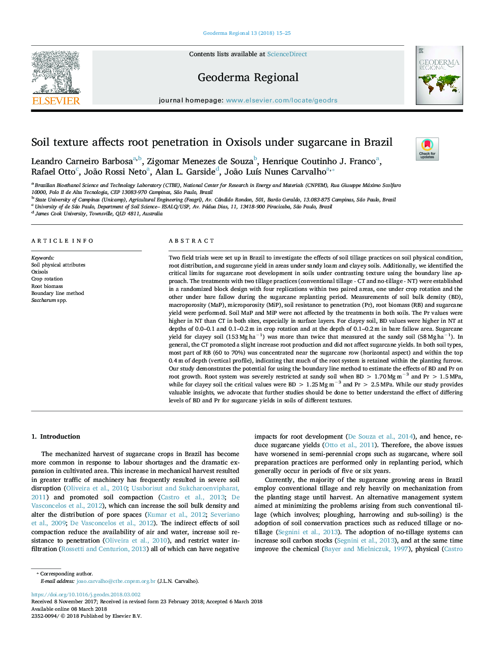 Soil texture affects root penetration in Oxisols under sugarcane in Brazil