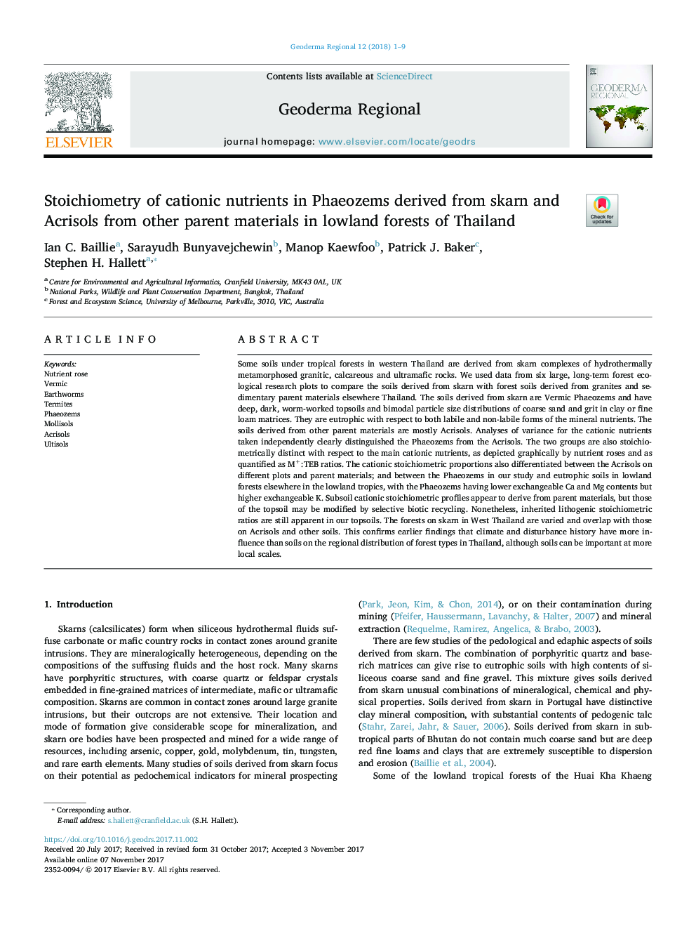 Stoichiometry of cationic nutrients in Phaeozems derived from skarn and Acrisols from other parent materials in lowland forests of Thailand