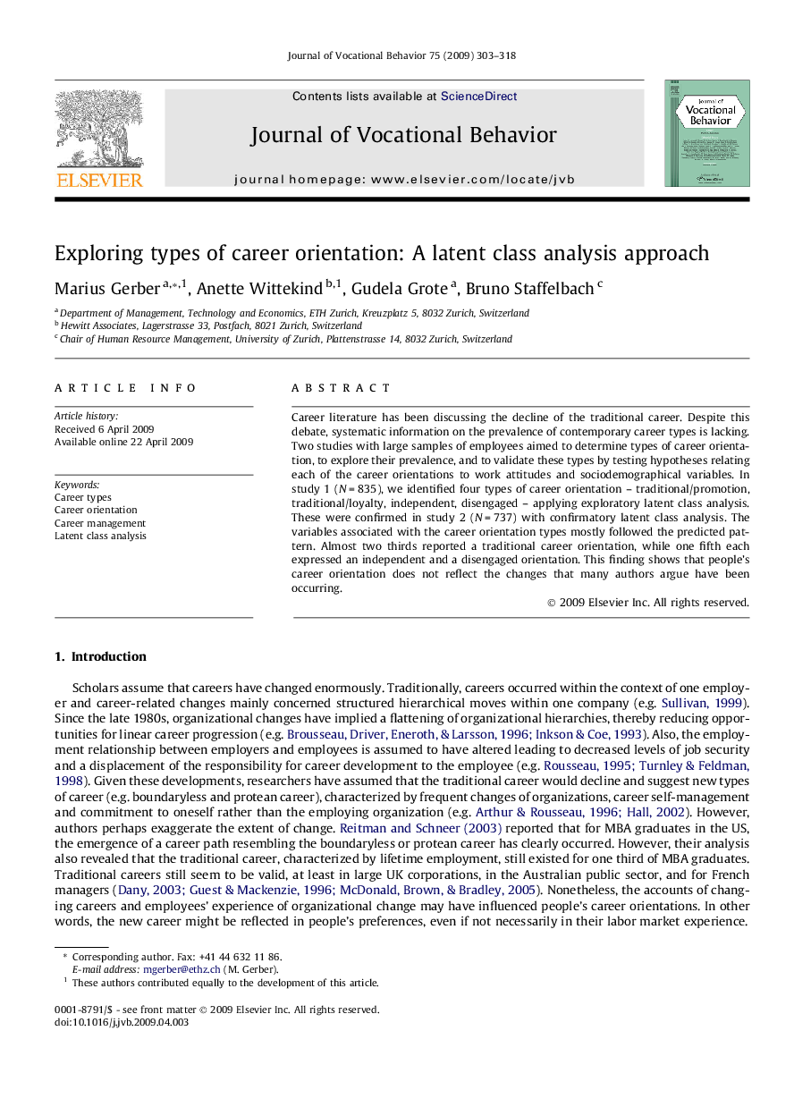 Exploring types of career orientation: A latent class analysis approach