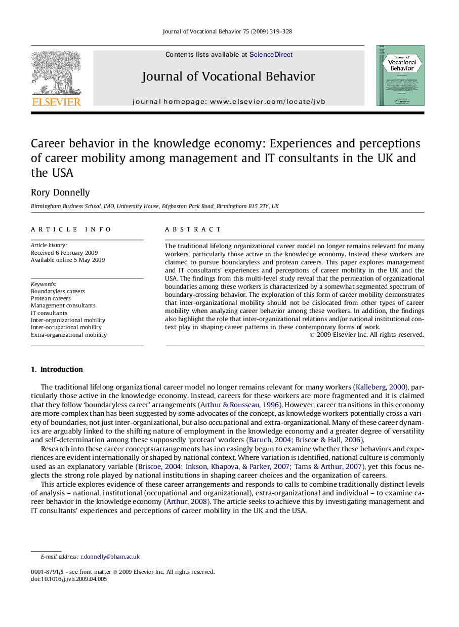 Career behavior in the knowledge economy: Experiences and perceptions of career mobility among management and IT consultants in the UK and the USA