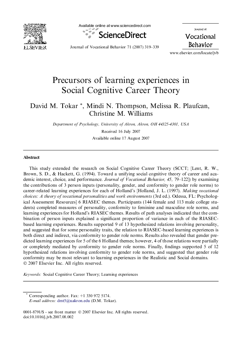 Precursors of learning experiences in Social Cognitive Career Theory