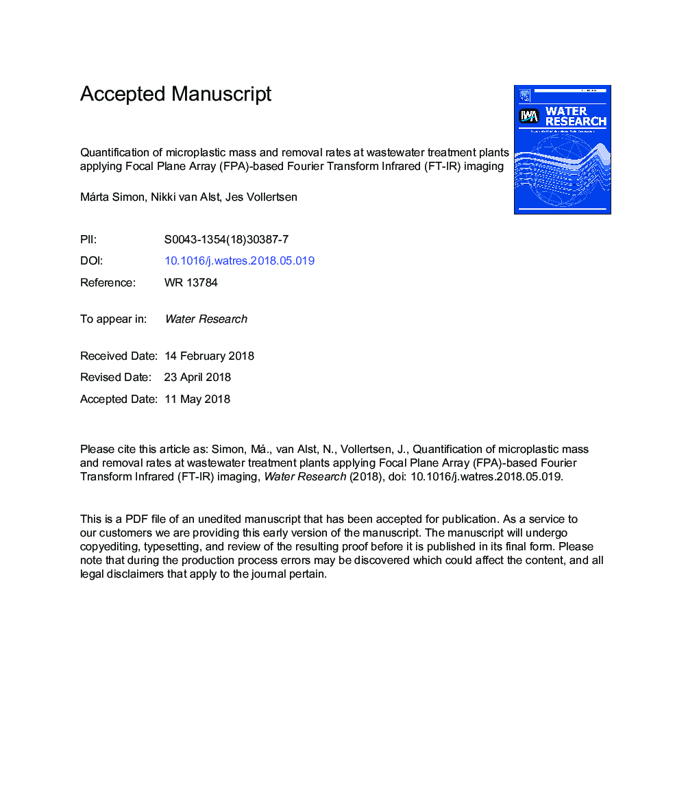 Quantification of microplastic mass and removal rates at wastewater treatment plants applying Focal Plane Array (FPA)-based Fourier Transform Infrared (FT-IR) imaging