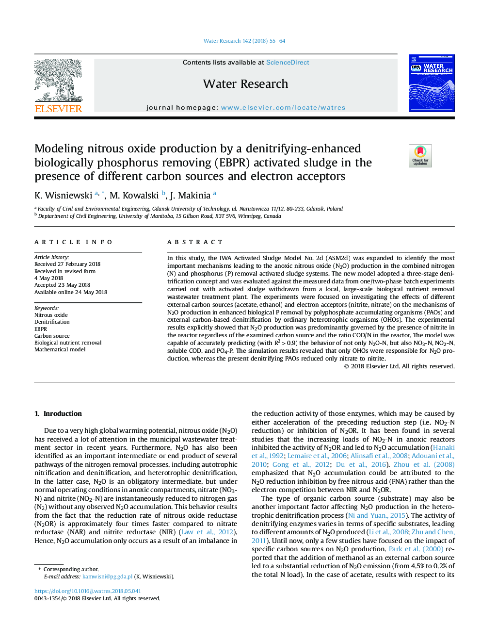 Modeling nitrous oxide production by a denitrifying-enhanced biologically phosphorus removing (EBPR) activated sludge in the presence of different carbon sources and electron acceptors