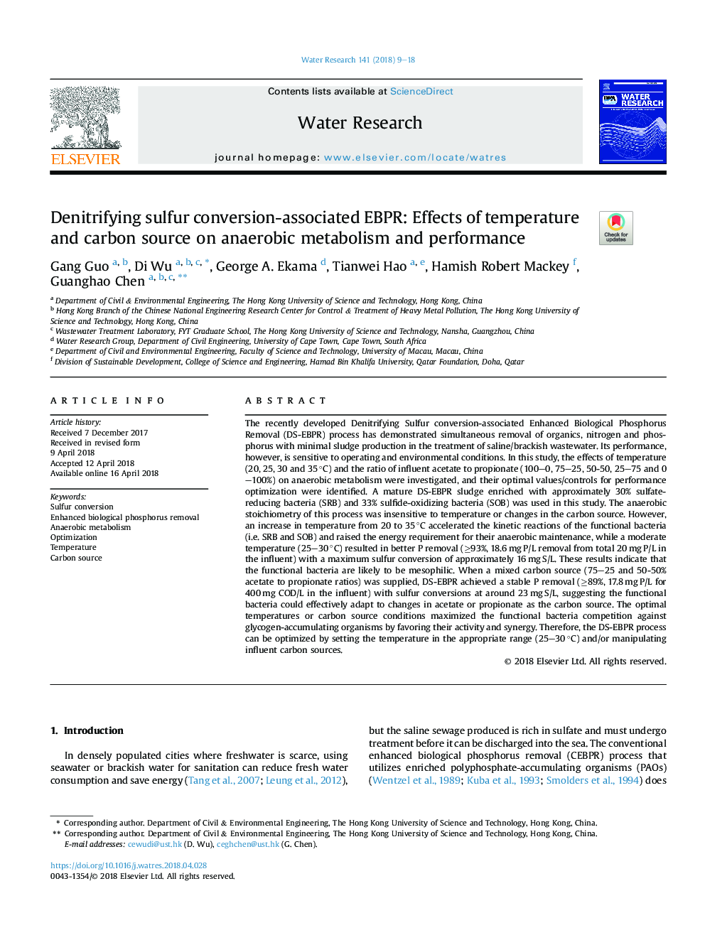 Denitrifying sulfur conversion-associated EBPR: Effects of temperature and carbon source on anaerobic metabolism and performance