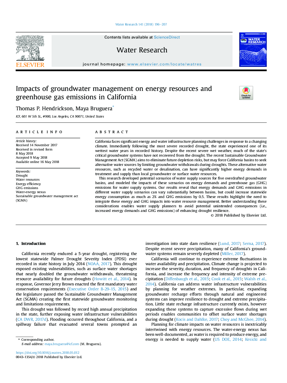 اثرات مدیریت آبهای زیرزمینی بر منابع انرژی و انتشار گازهای گلخانه ای در 