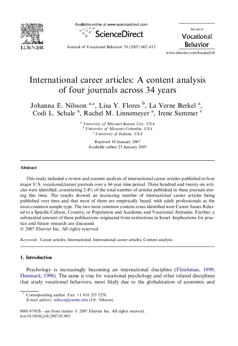 International career articles: A content analysis of four journals across 34 years