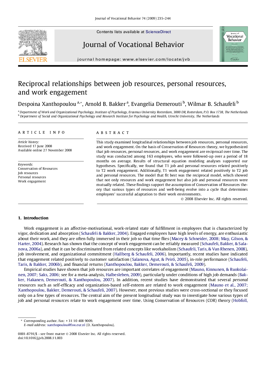 Reciprocal relationships between job resources, personal resources, and work engagement