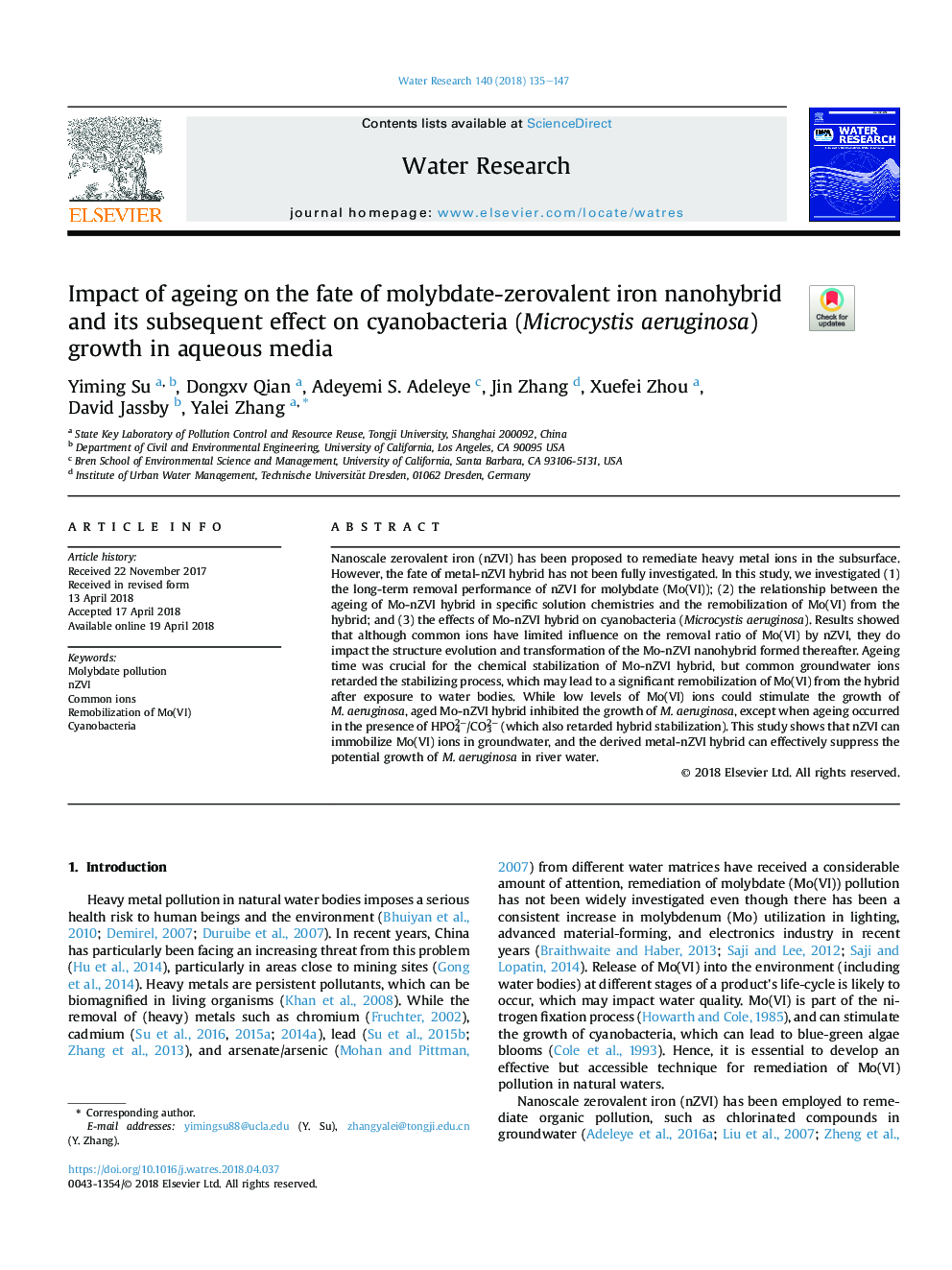 Impact of ageing on the fate of molybdate-zerovalent iron nanohybrid and its subsequent effect on cyanobacteria (Microcystis aeruginosa) growth in aqueous media