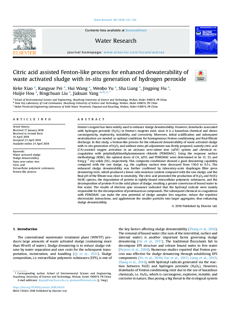 Citric acid assisted Fenton-like process for enhanced dewaterability of waste activated sludge with in-situ generation of hydrogen peroxide