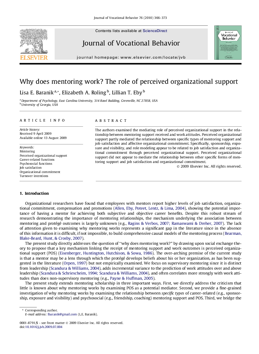 Why does mentoring work? The role of perceived organizational support