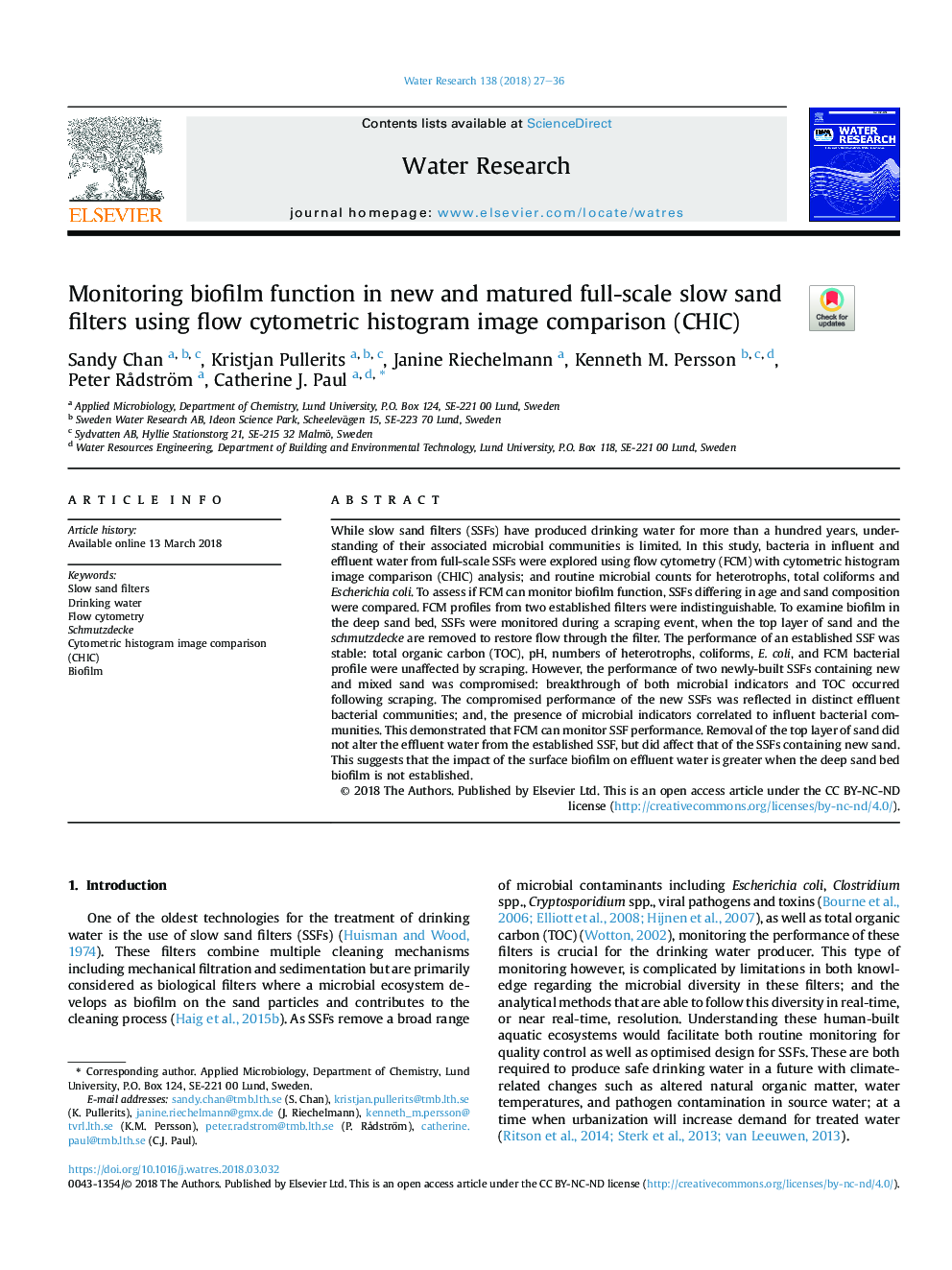 Monitoring biofilm function in new and matured full-scale slow sand filters using flow cytometric histogram image comparison (CHIC)