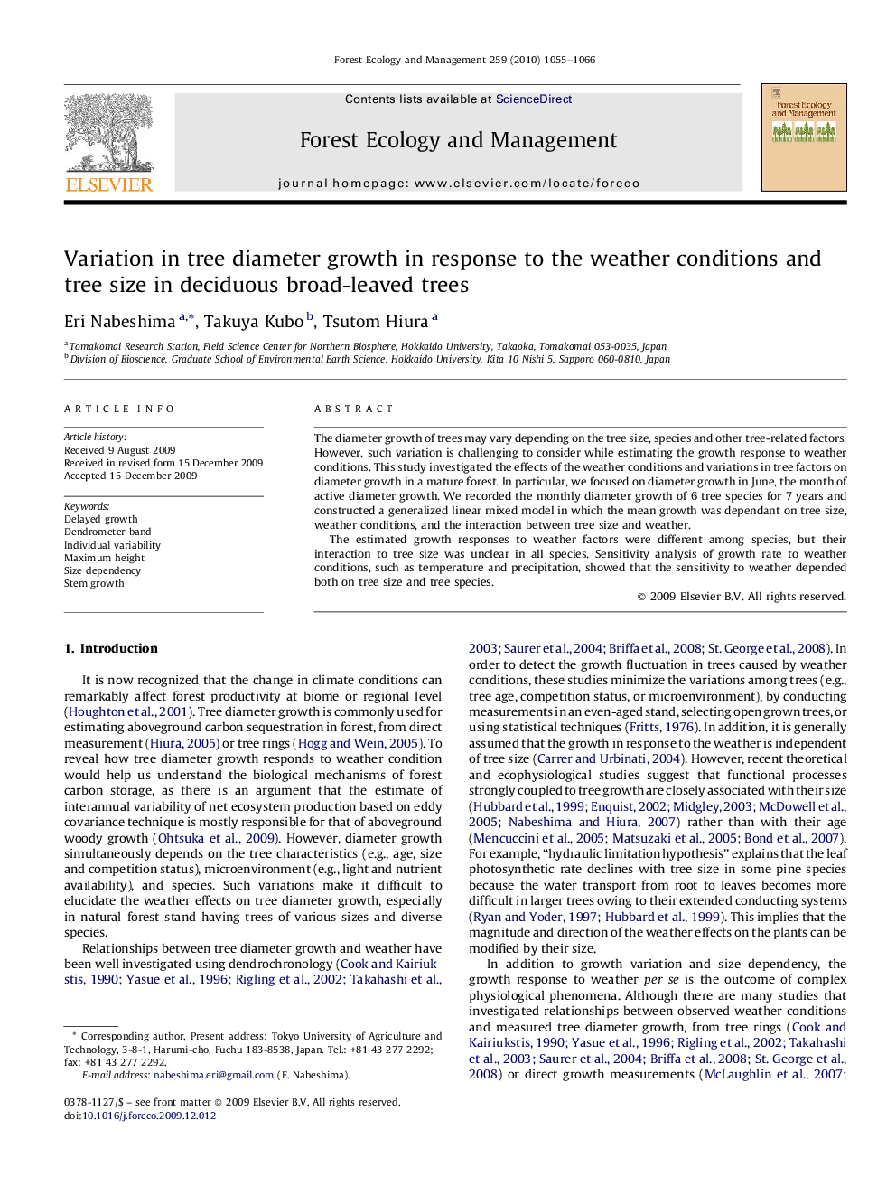 Variation in tree diameter growth in response to the weather conditions and tree size in deciduous broad-leaved trees