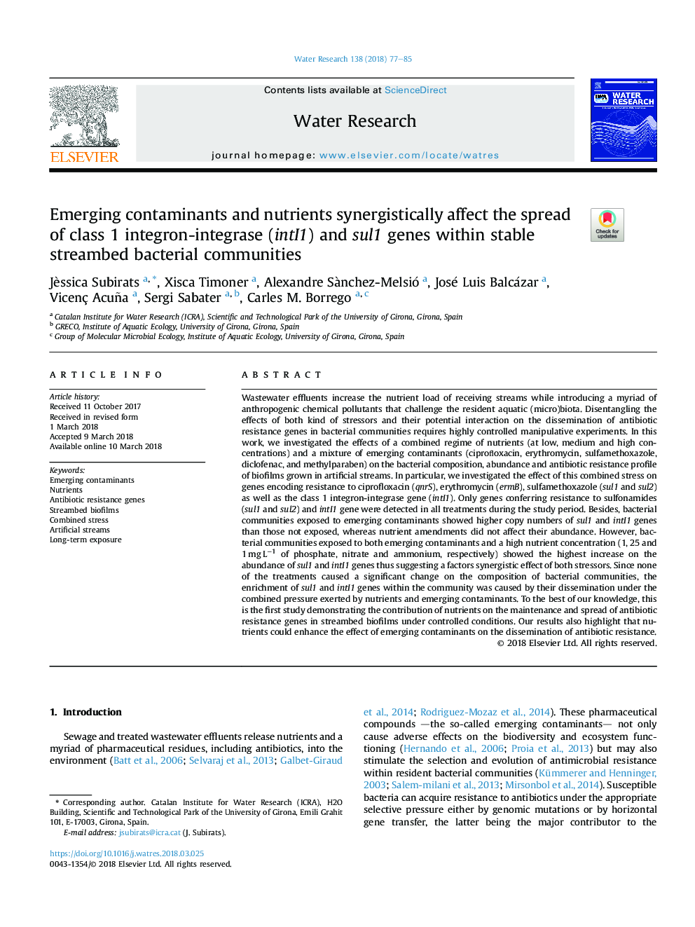 Emerging contaminants and nutrients synergistically affect the spread of class 1 integron-integrase (intI1) and sul1 genes within stable streambed bacterial communities