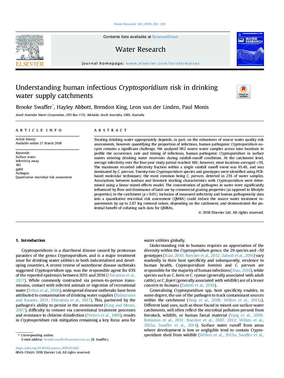 Understanding human infectious Cryptosporidium risk in drinking water supply catchments