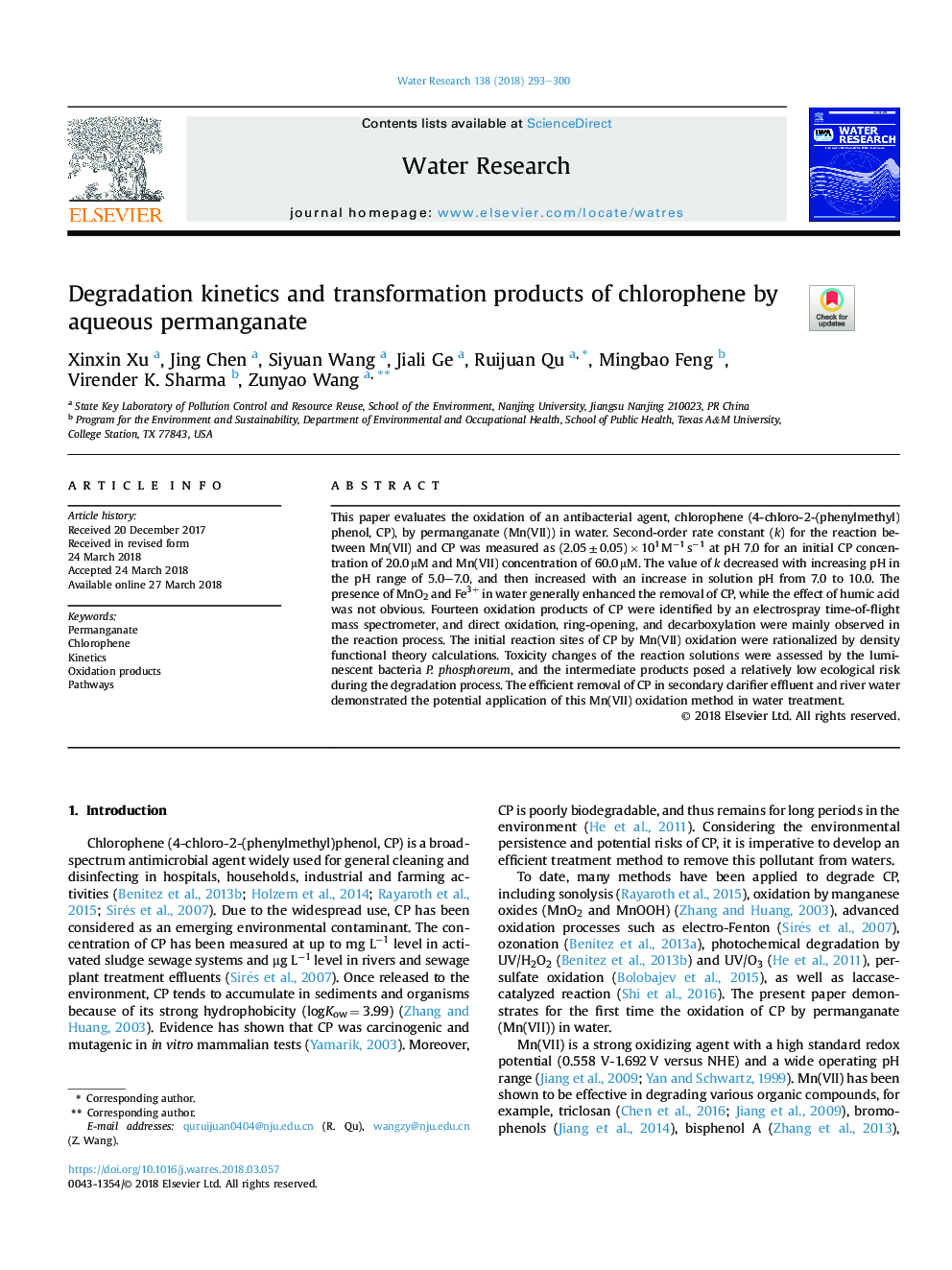 Degradation kinetics and transformation products of chlorophene by aqueous permanganate