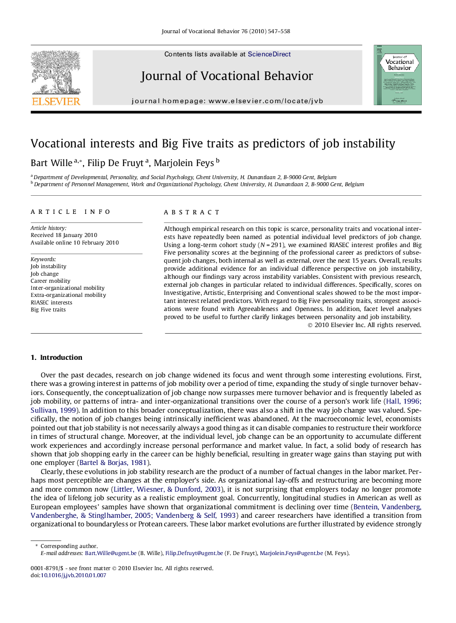 Vocational interests and Big Five traits as predictors of job instability