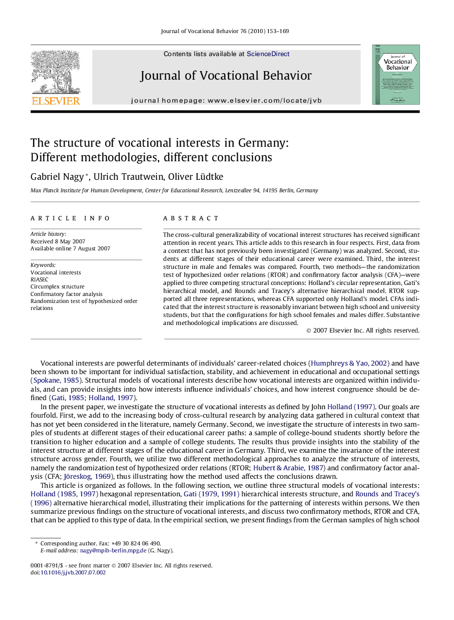 The structure of vocational interests in Germany: Different methodologies, different conclusions