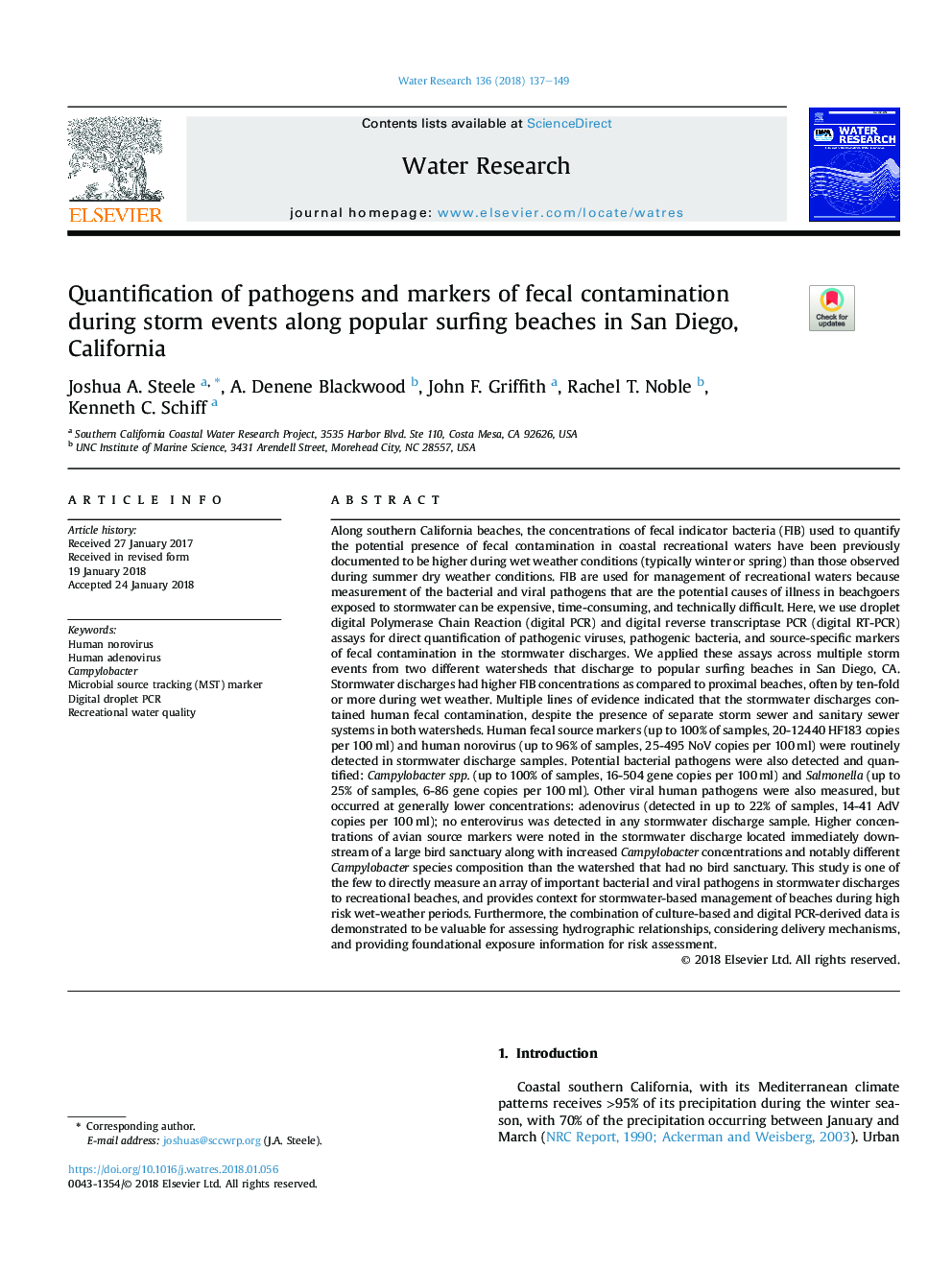 Quantification of pathogens and markers of fecal contamination during storm events along popular surfing beaches in San Diego, California