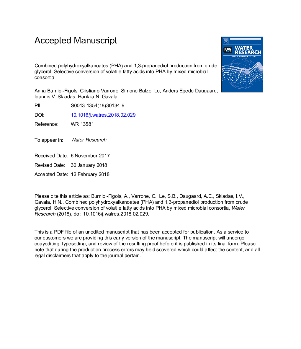 Combined polyhydroxyalkanoates (PHA) and 1,3-propanediol production from crude glycerol: Selective conversion of volatile fatty acids into PHA by mixed microbial consortia