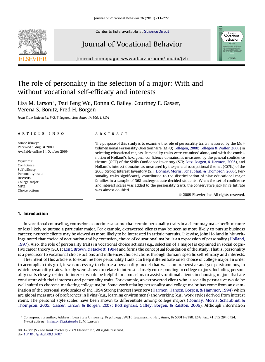 The role of personality in the selection of a major: With and without vocational self-efficacy and interests