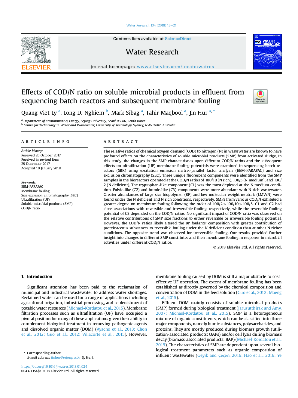 Effects of COD/N ratio on soluble microbial products in effluent from sequencing batch reactors and subsequent membrane fouling