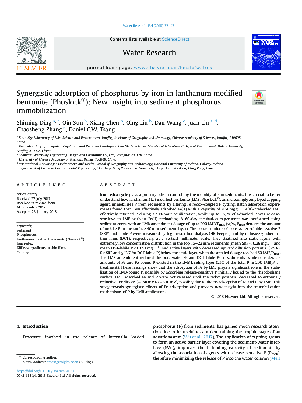 Synergistic adsorption of phosphorus by iron in lanthanum modified bentonite (Phoslock®): New insight into sediment phosphorus immobilization